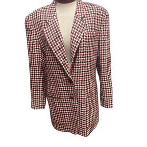 Vtg Paul Stanley Red Black Houndstooth Blazer Sz 10 Long Jacket Double Button